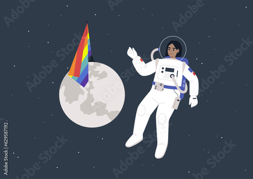 The concept of a safe space depicted with a young astronaut floating in the cosmos, alongside a rainbow flag planted on the moon