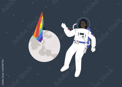 The concept of a safe space depicted with a young astronaut floating in the cosmos, alongside a rainbow flag planted on the moon