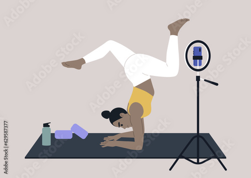 A young female character recording a yoga vinyasa workshop with a mobile phone on a tripod, a workout designed to improve strength, balance, and flexibility