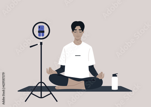 Young calm Asian character meditating in a lotus yoga pose, mindful lifestyle concept, an online workout scene