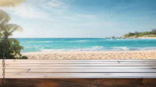 An exquisite wooden table pedestal with a view of the serene sea  ideal for product placement  generative ai
