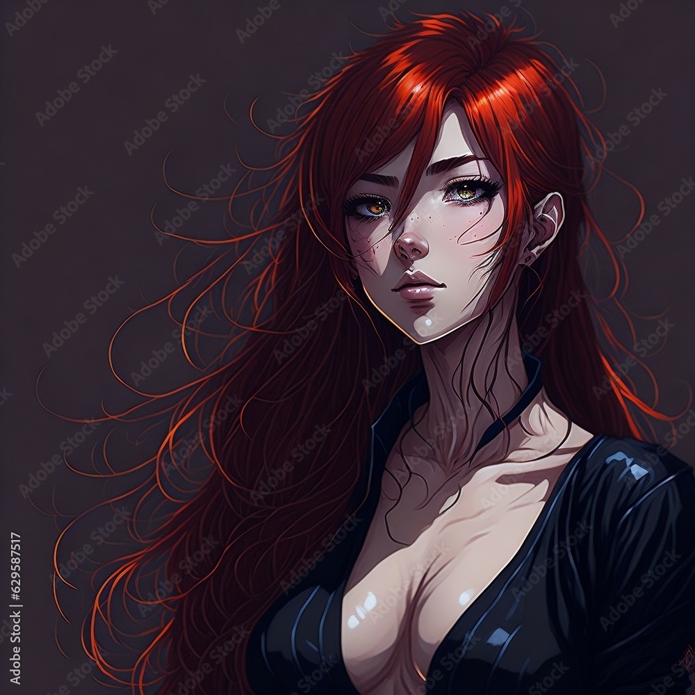 Obraz premium A Hot Cute Adult Anime Girl With Red Hair And Glowing Beautiful Face