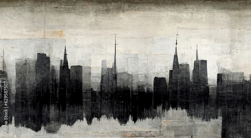 Generative AI, Black watercolor abstract cityscape painted background. Ink black street graffiti art on a textured paper vintage background, washes and brush strokes. 