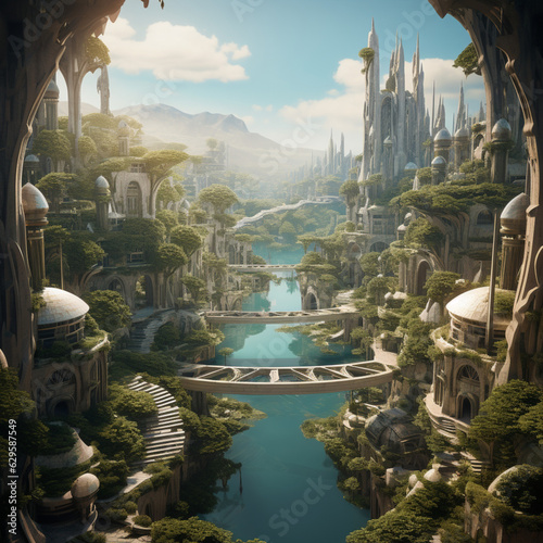 Stunning TCG Fantasy City Art: Dive into a meticulously crafted fantasy cityscape. Ideal for immersive gameplay, this design adds depth to any deck or game environment. © Phat Phrog Studio
