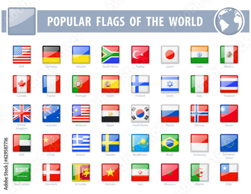 Popular flags of the world. Square Glossy Icons. Vector illustration.