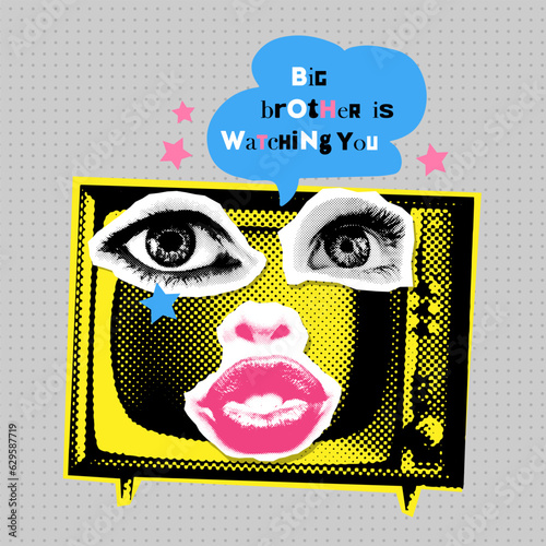 Big brother is watching you - Watch TV Propaganda Poster halftone collage style with scraps of paper with the image of a TV, eyes and lips. 90s-00s retro vector illustration.