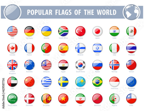 Popular flags of the world. Round Glossy Icons. Vector illustration.