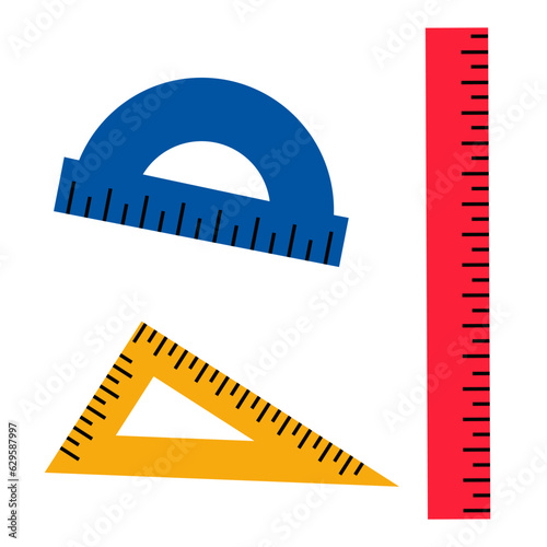 Ruler, dividers triangle ruler and protractor. Stationery instruments collection. Vector isolated on white background.