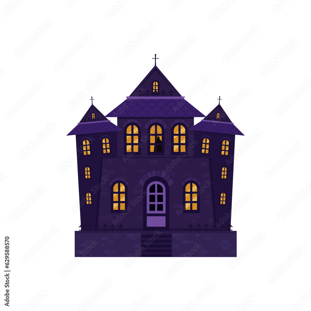 Halloween castle house isolated. Dark palace star architecture. Flat cartoon vector illustration.