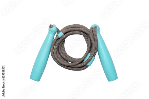 Sports jump rope isolated on transparent background. A gray children's jump rope with blue handles is isolated on a transparent background. PNG © esvetleishaya