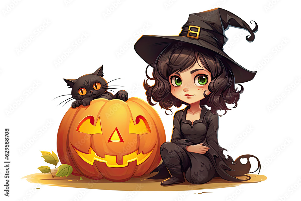 Young witch with pumpkin and cat V3