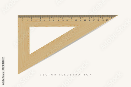 Wooden triangle ruler. Measuring tool with ruler scale. School measuring equipment