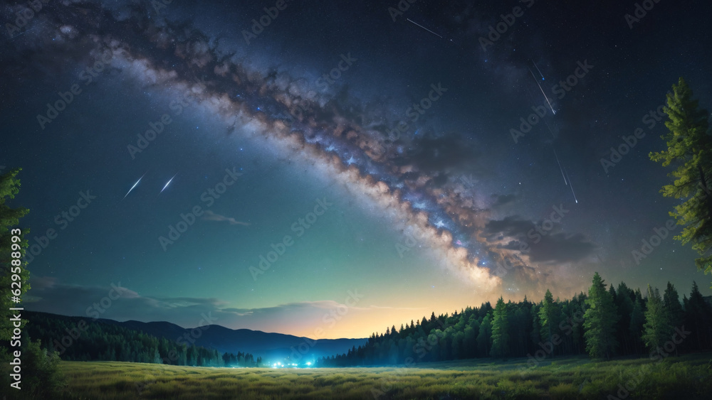 Night sky with stars and milky way in the mountains and forest