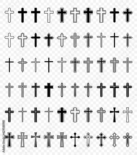 Flat Vector Black and White Christian Cross Icons. Line Silhouette Cut Out Black Christian Crosses Collection Isolated.