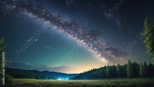 Night sky with stars and milky way in the mountains and forest