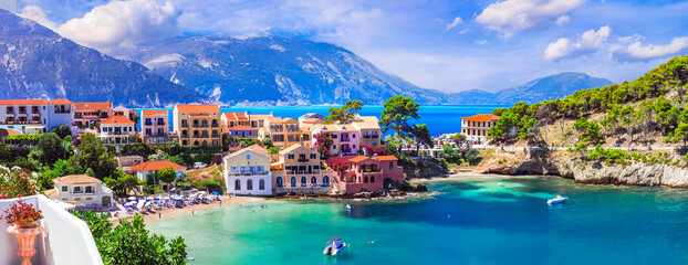 Ultra-Wide 15K Panorama of Assos Village and beach in Kefalonia — Scenic Peninsula with Colorful Houses, Turquoise Bay and Floral Streets, Ionian Islands Greece