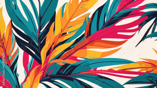 Seamless pattern with tropical leaves  illustration in flat style  green pink orange hues