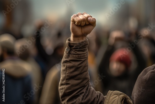 A raised fist of a protestor. large group of protesters. Generative AI © dashtik