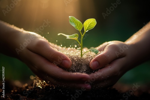 green sprout in fertile land in hands. Agriculture concept. Ecology concept. Generative AI