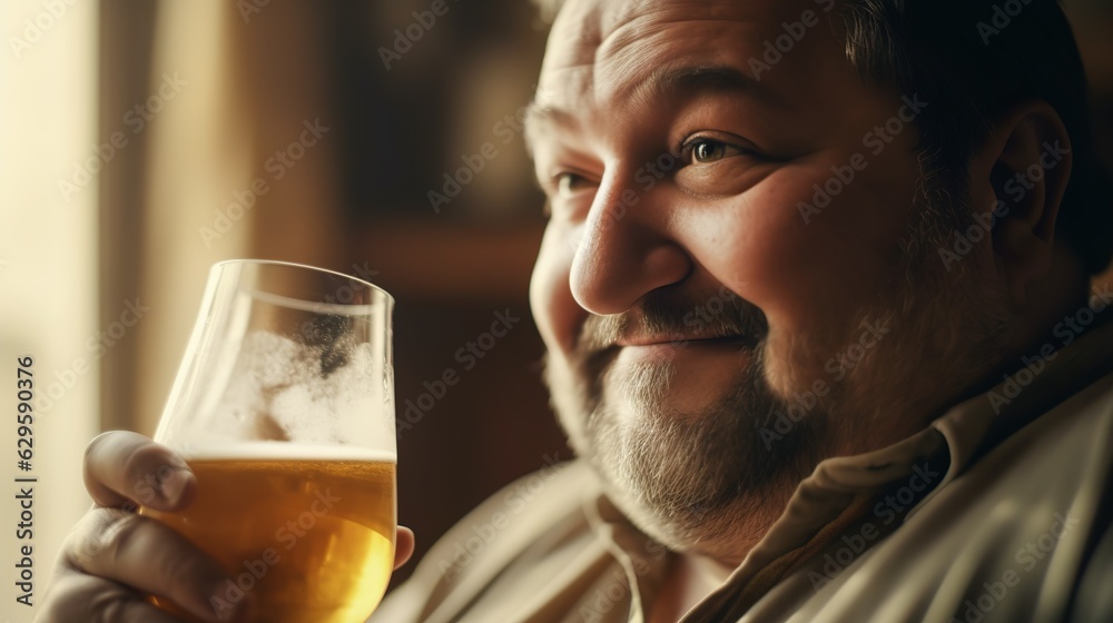 Close up portrait of a fat smiling man with a glass of a cold beer