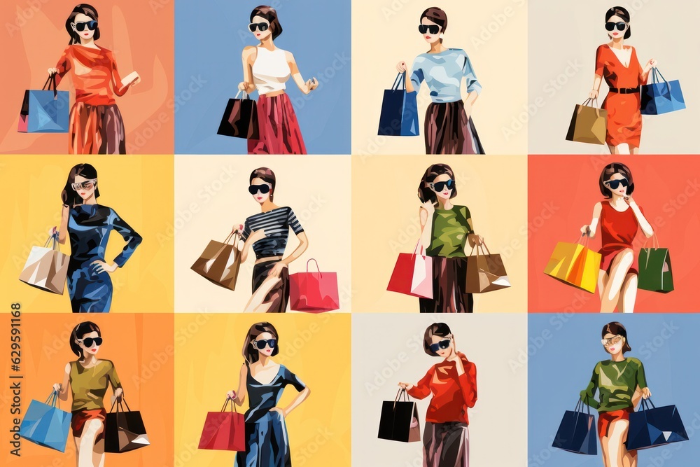 Shopping women collage set. various woman in different outfits with colorful shopping bags, sale