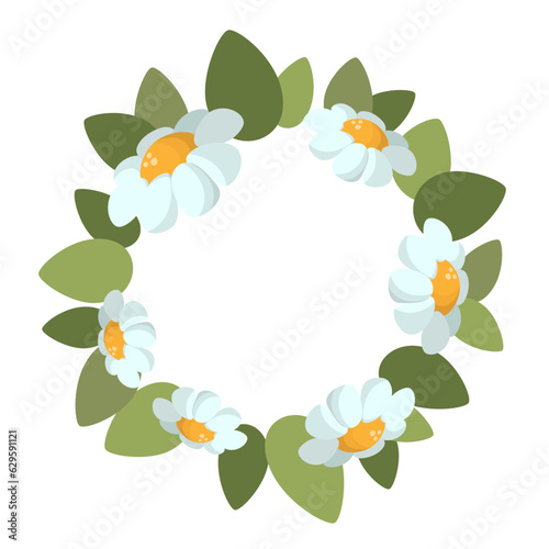 Chamomile flower wreath isolated on white background vector illustration. Midsummer holiday background concept. Blue flowers.