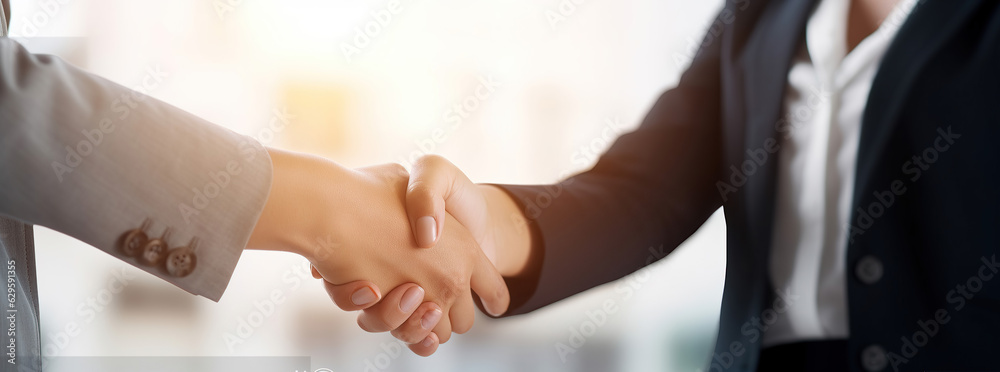 A businesswoman shaking hands with other business people, representing the concept of successful business.