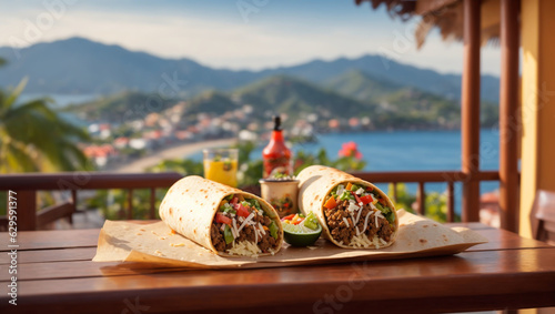 A visually stunning photograph of a Burritos placed on a table with view of a town, serene ocean, and majestic mountains in Zihuatanejo.