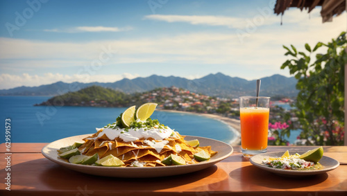 A visually stunning photograph of a Chilaquiles placed on a table with view of a town, serene ocean, and majestic mountains in Zihuatanejo. © Yodesaya