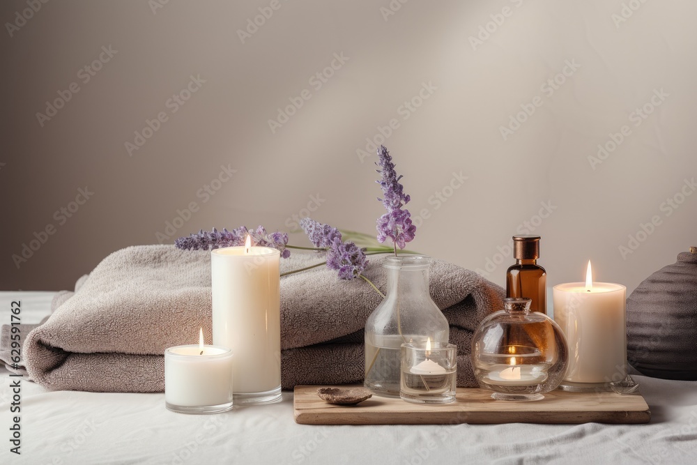 Spa or massage accessory composition set in a spa hotel or beauty wellness center . Beauty spa treatment set with candles and flowers against light pastel background.