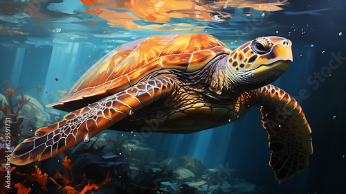 Seek reflections of marine life in tranquil waters. turtles that live in the sea. tortoise. generative AI illustration.