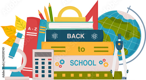 Stack of textbook with globe, calculator, microscope, compass, pencils, triangle and autumn leaves. Back to school concept. Poster for bookstore, bookshop, school, library.