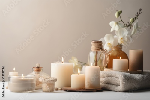 Spa or massage accessory composition set in a spa hotel or beauty wellness center . Beauty spa treatment set with candles and flowers against light pastel background.