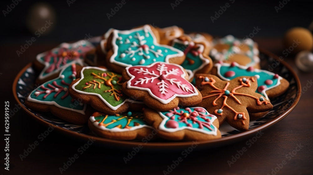 Fototapeta premium close-up of a plate of freshly baked gingerbread cookies decorated with festive colorful icing, Christmas treats