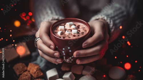 close-up of a person's hands holding a cup of hot chocolate with marshmallows and red sprinkles, cozy Christmas holidays concept