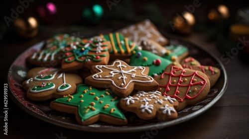 close-up of a plate of freshly baked gingerbread cookies decorated with festive colorful icing, Christmas treats