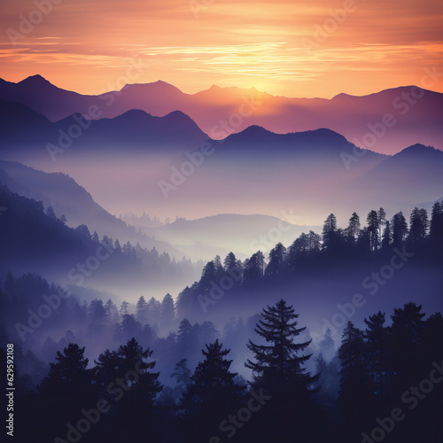 Mountain silhouettes in the fog