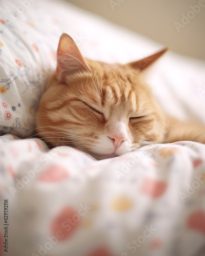 The cat sleeps in bed under a blanket. Sleeping cat. Cute ginger cat resting in bed. 