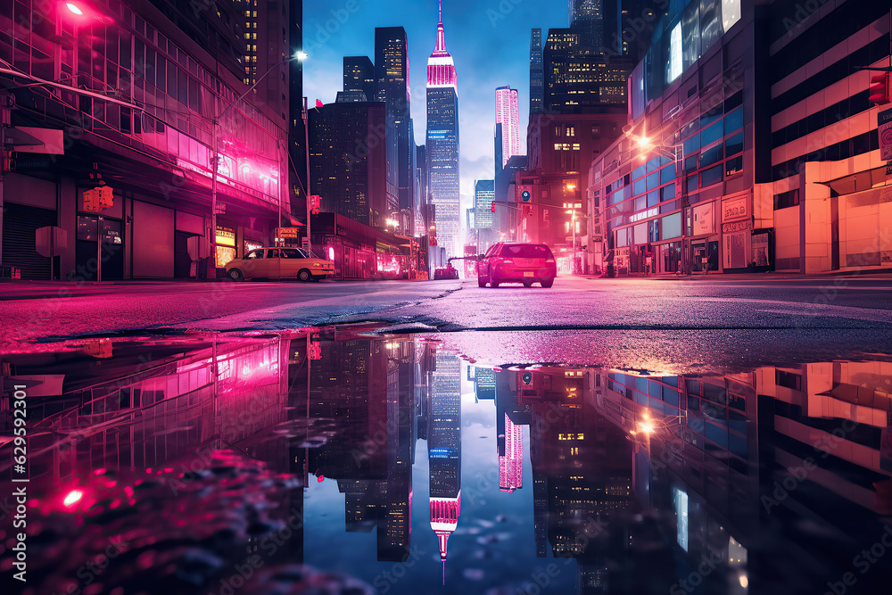 A city skyline is reflected in a puddle on a rainy night, with neon lights shimmering in the water.