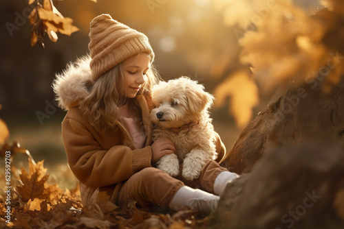 Little girl in autumn park playing with her puppy. 