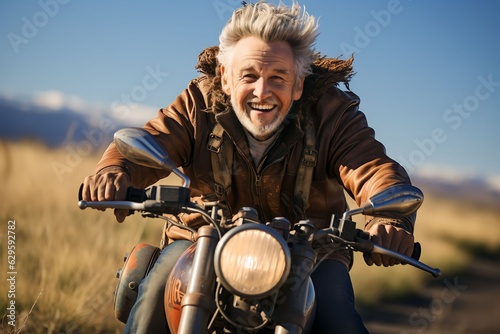 Senior men in brown leather jackets are riding motorbikes across village and mountain roads