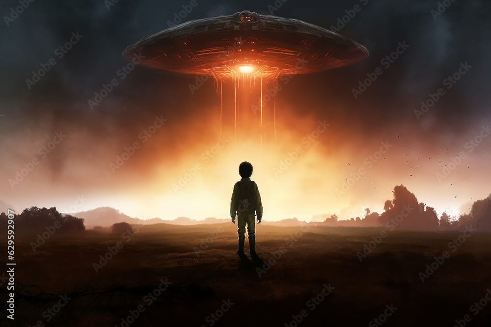 Boy standing against alien spaceship in the evening time. Generative AI digital art image. Boy standing against alien spaceship in the evening time. Generative AI digital art image.