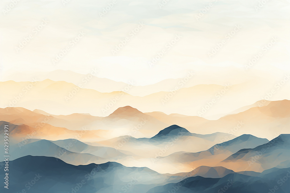 Digital painting of beautiful mountain range with clouds on sky, Generative AI