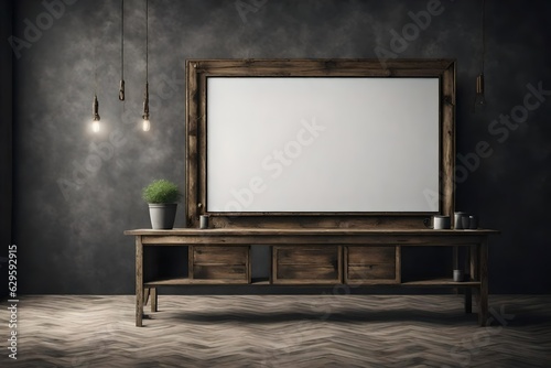 Creative interior concept. Dark large rustic grunge empty wall living room with blank television TV cabinet frame furniture deco. Banner template for product presentation. Mock up 3D rendering 