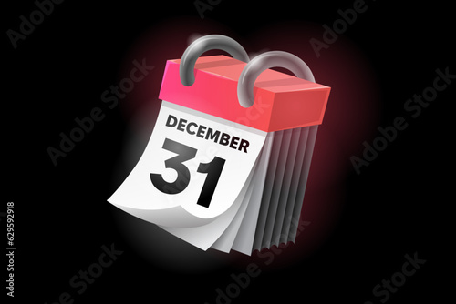 December 31 3d calendar icon with date isolated on black background. Can be used in isolation on any design.