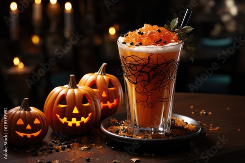 orange halloween cocktail and pumpkins on dark background. Festive drink. Generative AI