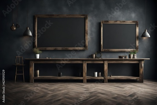 Creative interior concept. Dark large rustic grunge empty wall living room with blank television TV cabinet frame furniture deco. Banner template for product presentation. Mock up 3D rendering 