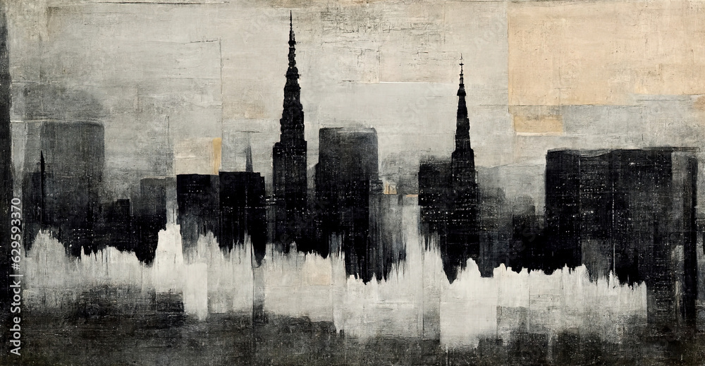 Generative AI, Black watercolor abstract cityscape painted background. Ink black street graffiti art on a textured paper vintage background, washes and brush strokes..
