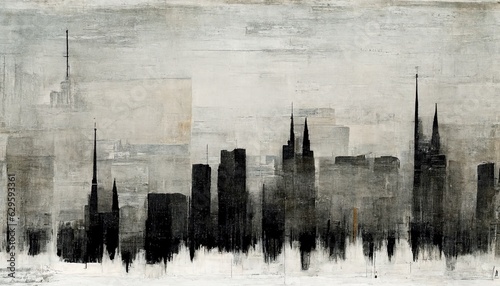 Generative AI, Black watercolor abstract cityscape painted background. Ink black street graffiti art on a textured paper vintage background, washes and brush strokes..