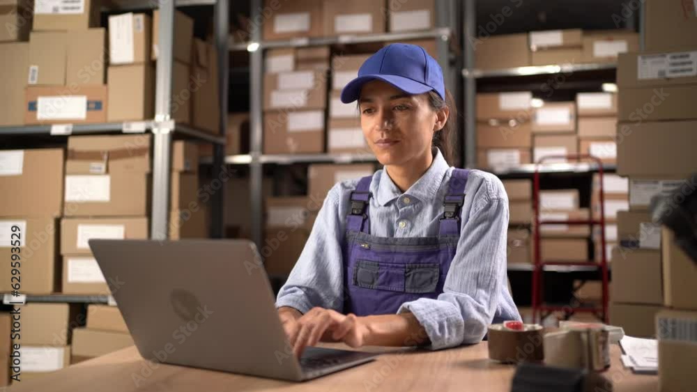 Female worker in overalls sitting and working using laptop computer in storage warehouse. People, warehouse and industry Female worker in overalls sitting and working using laptop computer in storage warehouse. People, warehouse and industry